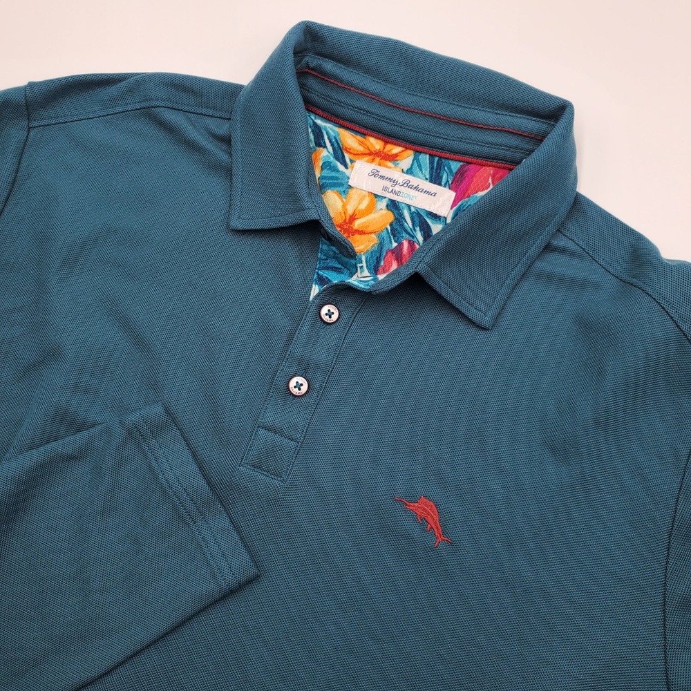 Tommy Bahama IslandZone Mens Large Teal Long Sleeve Pique Polo Floral Trim